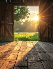 Rustic barn interior reveals sunlit meadow through open doors; sunbeams stream in, illuminating weathered wood floor