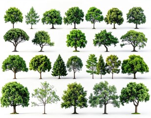 Collection of various green trees on white background