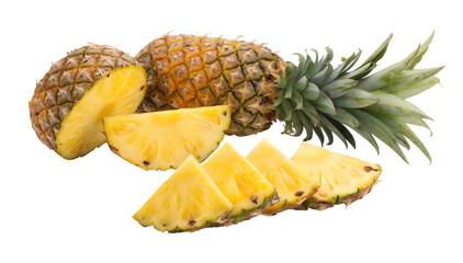 Whole and sliced ripe pineapples display their sweet yellow fruit, a transparent isolated png image perfect for fresh food designs.