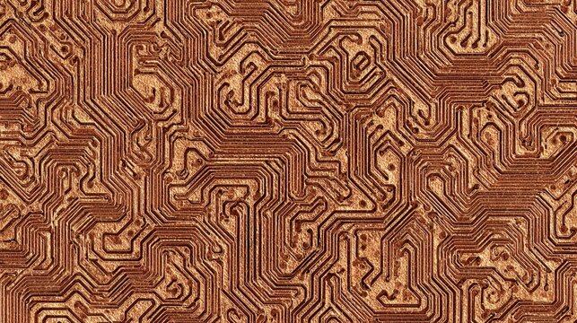 Seamless Copper Circuit Board Traces Pattern with Abstract Electronic Design