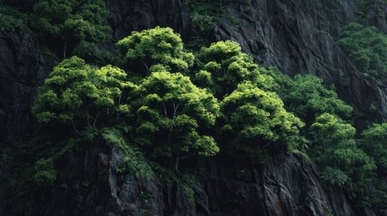 Fototapeta premium Green trees on dark rock