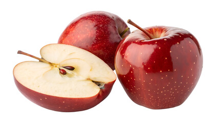 Two shiny red apples and one perfectly sliced half apple are isolated on a transparent background, a fresh png image.