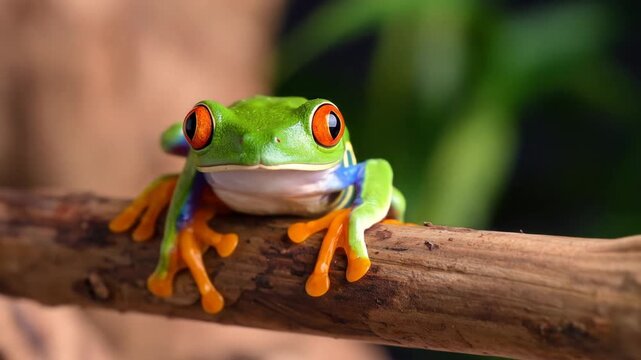 Close-up of a vibrant red-eyed tree frog perched on a branch