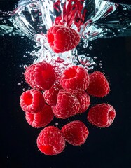 Fresh raspberries falling into water