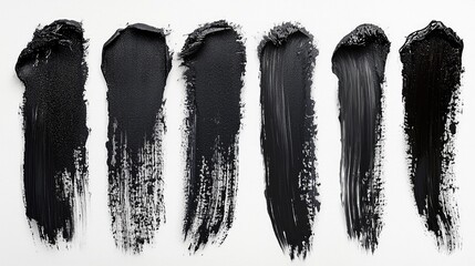 Six Bold Black Paint Strokes on White Canvas, Textured and Expressive
