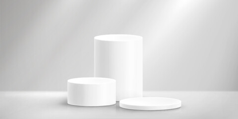 White podium cylinders with stage platform for product display or presentation mockup. Three geometric pedestals of different heights on grey background. Minimalist showcase stands for branding design