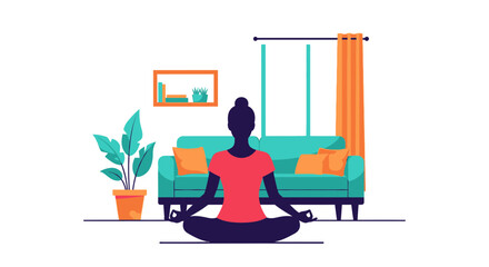 Fototapeta premium Woman meditating in lotus position flat vector illustration of yoga practice at home for relaxation 