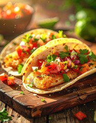 Two crispy fish tacos, topped with pico de gallo and cilantro, on a rustic wooden board