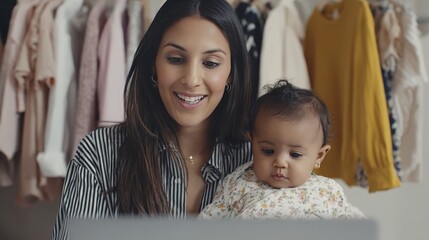 Mother and baby bonding at home while shopping online in clothing store