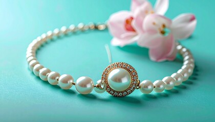 pearl necklace on blue background
