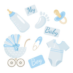 Flat baby elements set in blue tones on white background. Stroller, pacifier, bottle, safety pin, bodysuit and footprint. Cute vector design for baby shower, newborn invitation, card or celebration.