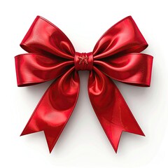 Red satin ribbon bow, glossy finish, against white