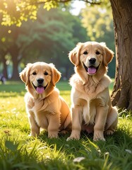 Two golden retrievers sit side-by-side in a park, bathed in sunlight