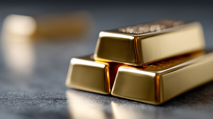 Detailed pyramid stack of polished gold bars with metallic shine, engraved markings, and reflective textures isolated on minimal gradient background symbolizing wealth, banking, savings, and precious 
