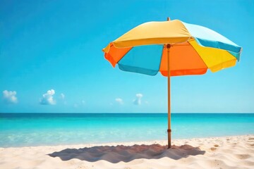 Fototapeta premium Vibrant beach umbrella providing shade on a sunny day, casting a shadow on the sand Perfect for summer vacation themes, relaxation, and outdoor leisure , bright, sea, carefree