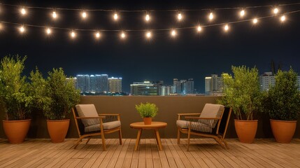 Fototapeta premium Rooftop terrace with string lights and outdoor furniture overlooking a city skyline at night.