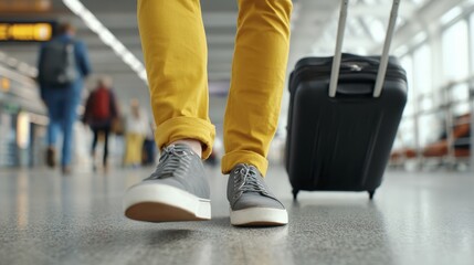 Fototapeta premium Traveler in yellow pants walking through busy airport terminal with rolling suitcase