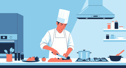 A professional chef in uniform diligently chopping fresh vegetables on a cutting board in a modern, well-equipped kitchen illustration.