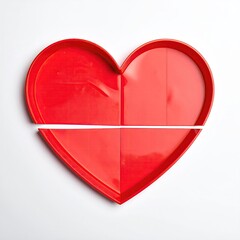 A red heart-shaped tray, divided into two halves, sits on a white surface.  The halves are separated, suggesting a broken heart