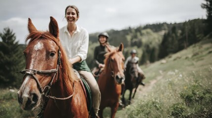 Fototapeta premium Joyful group horseback riding adventure in scenic countryside setting