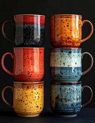 Stacked mugs, colorful and speckled, in various shades of red, orange, yellow, and blue