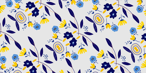 Seamless Floral Pattern with Blue and Yellow Flowers and Dark Blue Leaves.