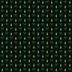 Christmas seamless pattern with teal balls and brown bows. Retro Christmas background. Hand drawn illustration, design for textil and packaging