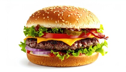 Close-up of a cheeseburger on a white background