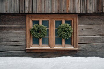 Rustic wooden window with christmas wreaths and fresh white snow on a winter day