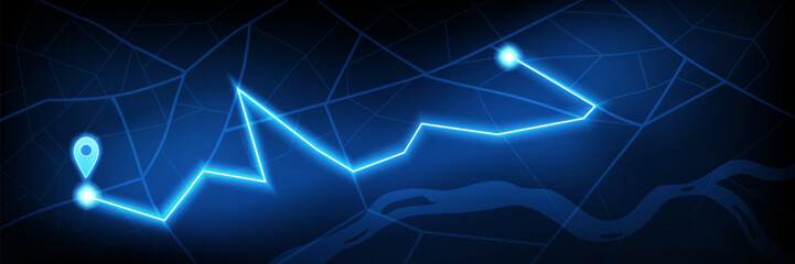 Digital gps navigation map with neon blue road pathway and glowing location markers on dark bg for tracking. Network grid overlay with bright route lines and destination points for modern design.