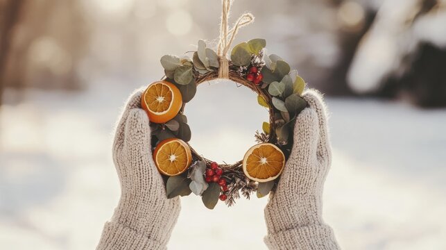 Cozy winter scene with festive wreath of dried oranges and leaves in snowy outdoor setting