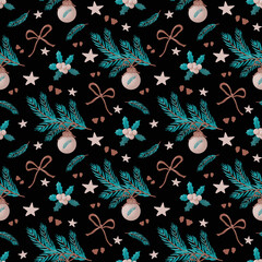 Christmas seamless pattern. Holiday winter background with Christmas decor elements. Hand drawn illustration, design for textil and packaging