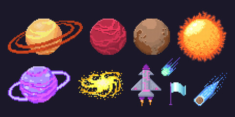 Pixel planet set for space game assets - Saturn with rings, red Mars, brown Mercury and burning Sun. Purple gas giant, yellow spiral galaxy, rocket ship with pink flames and blue comet trail icons © klyaksun