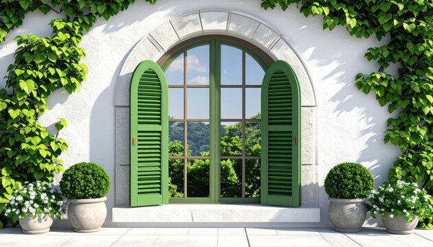 A charming architectural scene showcases a white exterior wall with a curved window, adorned by vibrant green shutters and lush climbing plants, featuring potted plants and soft natural light,... - Powered by Adobe