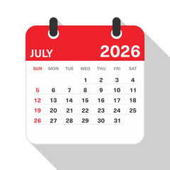 Monthly Calendar for July 2026. Red Theme on White Background