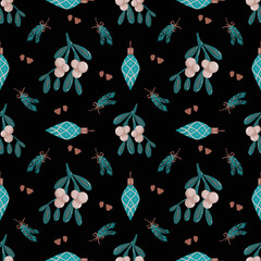 Floral Christmas seamless pattern. Retro Christmas background. Hand drawn illustration, design for textil and packaging