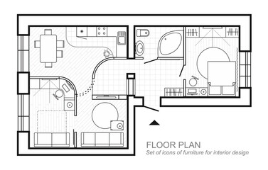 Architectural plan of a house. Layout of the apartment top view with the furniture in the drawing view. With bathroom living room and bedroom. The interior design project
