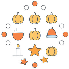 Halloween Pattern with Pumpkins, Stars, and Candle, Fun and Festive Halloween Icon Set