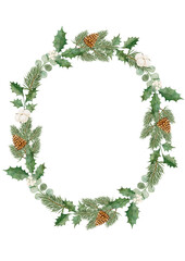 Digital watercolor wreath with mixed green foliage and dried natural elements, perfect for elegant and rustic holiday stationery..