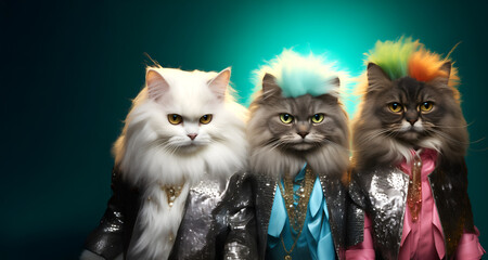 Creative animal concept. Group gang of British longhair cat kitten kitty in neon bright sparkly rock punk colour outfit, copy text space. commercial, editorial advertisement party invitation invite	

