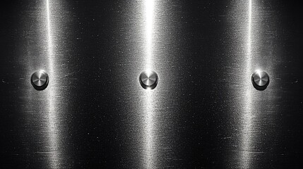Sleek Monochromatic Brushed Metal Panel with Three Reflective Buttons and Dramatic Vertical Light Streaks