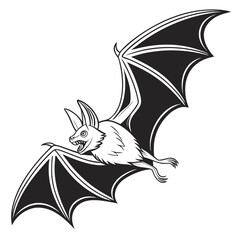 Flying Bat Line Art, Detailed Black and White Bat Illustration, Spooky Animal Drawing