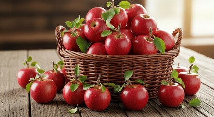 A bountiful display of vibrant red apples, fresh from the harvest, arranged in a rustic wicker basket and scattered across a textured wooden table with green leaves.