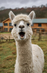 Fototapeta premium a white alpaca with its mouth open