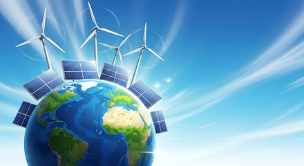Naklejka premium Earth with Solar Panels and Wind Turbines