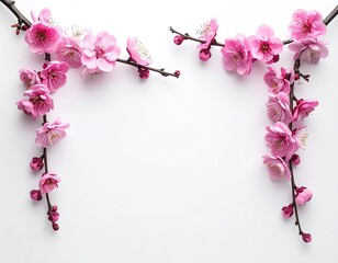 Pink blossoms frame a white background