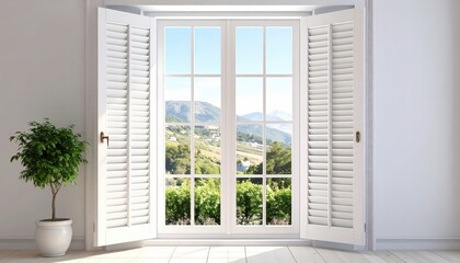 Fototapeta premium Open window shutters frame a vibrant vista of rolling green hills under a bright blue sky, bringing natural light into a clean, minimalist interior design space, beside a potted green plant.