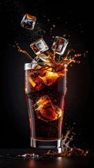 Dark drink with ice cubes splashing (1)