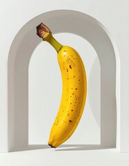 A single yellow banana hangs within a white arched alcove