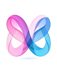 Abstract infinity symbol design with flowing, translucent pink and blue ribbons
